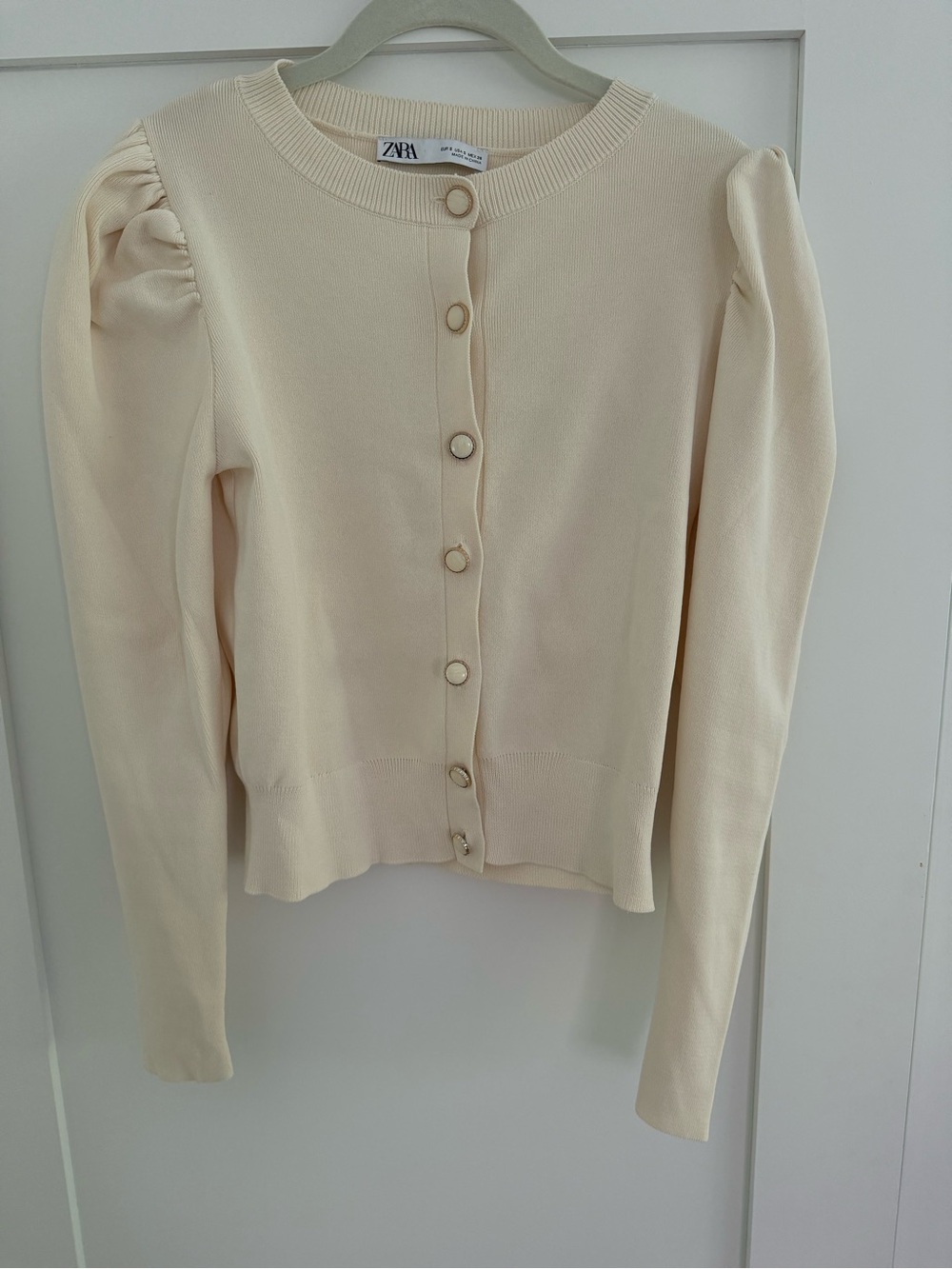 Zara Ivory Puff-Sleeve Button Cardigan